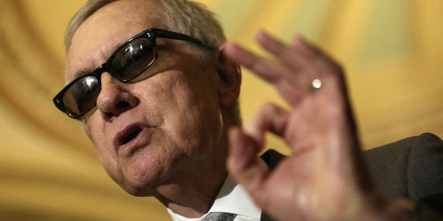 WASHINGTON, DC - MAY 05: Senate Minority Leader Harry Reid (D-NV) answers questions from reporters following the weekly Democratic caucus policy luncheon at the U.S. Capitol May 5, 2015 in Washington, DC. Reid spoke on pending legislation before the U.S. Senate on a balanced budget, an agreement with Iran on nuclear research, and pending trade legislation. (Photo by Win McNamee/Getty Images)