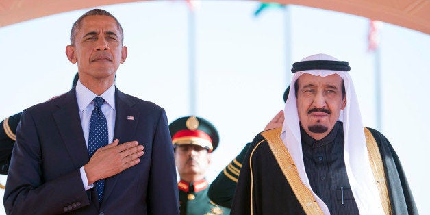 In this Tuesday, Jan. 27, 2015 photo provided by the Saudi Press Agency, President Barack Obama and Saudi Arabian King Salman bin Abdul Aziz stand during the arrival ceremony in Riyadh, Saudi Arabia, Tuesday, Jan. 27, 2015. The president came to expresses his condolences on the death of the late Saudi Arabian King Abdullah bin Abdulaziz al-Saud. (AP Photo/ (AP Photo/SPA)