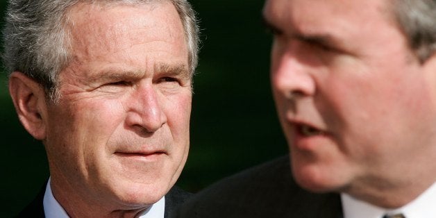 WASHINGTON - APRIL 19: Florida Republican Governor Jeb Bush (R) speaks to the press on the war on terror as his brother U.S. President George W. Bush looks on April 19, 2006 at the White House in Washington, DC. Governor Bush along with Governors Mitch Daniels (R-IN), Governor Tom Vilsack (D-Iowa) and Governor Joe Manchin (D-WVA) have returned from a trip to Iraq and Afghanistan. (Photo by Alex Wong/Getty Images)