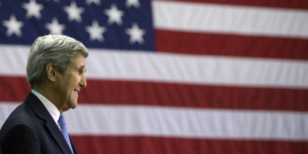 U.S. Secretary of State John Kerry speaks to members of the U.S. military, U.S. Embassy personnel, and their families at Coll