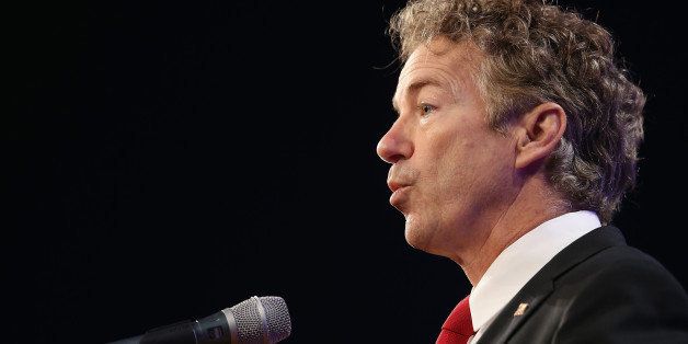DES MOINES, IA - MAY 16: Senator Rand Paul (R-KY) speaks to guests gathered for the Republican Party of Iowa's Lincoln Dinner at the Iowa Events Center on May 16, 2015 in Des Moines, Iowa. The event sponsored by the Republican Party of Iowa gave several Republican presidential hopefuls an opportunity to strengthen their support among Iowa Republicans ahead of the 2016 Iowa caucus. (Photo by Scott Olson/Getty Images)