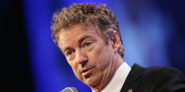 DES MOINES, IA - MAY 16: Senator Rand Paul (R-KY) speaks to guests gathered for the Republican Party of Iowa's Lincoln Dinner at the Iowa Events Center on May 16, 2015 in Des Moines, Iowa. The event sponsored by the Republican Party of Iowa gave several Republican presidential hopefuls an opportunity to strengthen their support among Iowa Republicans ahead of the 2016 Iowa caucus. (Photo by Scott Olson/Getty Images)