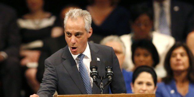 Chicago Mayor Rahm Emanuel delivers his inaugural address for a second term during city government inaugural ceremonies Monday, May 18, 2015, in Chicago. Emanuel said he will spend the next four years focusing on strong schools, safe streets and stable finances. (AP Photo/Charles Rex Arbogast)