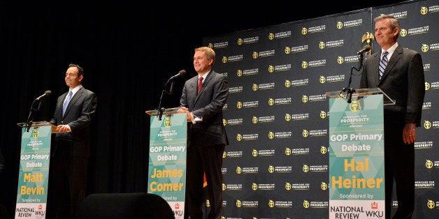 From left, Kentucky Republican gubernatorial candidates Matt Bevin, James Comer and Hal Heiner field questions during the Americans for Prosperity debate, in Bowling Green, Ky., Tuesday, April 28, 2015. (AP Photo/Timothy D. Easley)