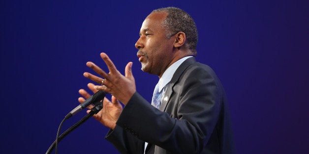 DES MOINES, IA - MAY 16: Dr. Ben Carson speaks to guests gathered for the Republican Party of Iowa's Lincoln Dinner at the Iowa Events Center on May 16, 2015 in Des Moines, Iowa. The event sponsored by the Republican Party of Iowa gave several Republican presidential hopefuls an opportunity to strengthen their support among Iowa Republicans ahead of the 2016 Iowa caucus. (Photo by Scott Olson/Getty Images)