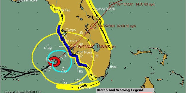 Tropical Storm Gabrielle at 5:00 a.m. on September 14, 2001, a few hours before landfall at Sarasota, Florida. This map shows that winds (in mph) were already high in the area. Ths storm was just below hurricane strength. The line shows the expected path across Florida. This map was provided by a friend who is an independent weather consultant as Stormfax, Inc.