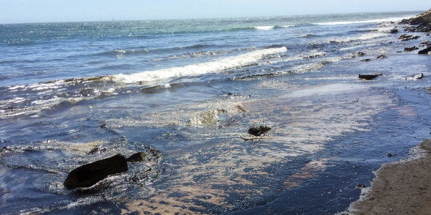 This photo provided by the Santa Barbara County Fire Department shows an oil slick from a broken pipeline off the central California coast near Santa Barbara on Tuesday, May 19, 2015. Capt. Dave Zaniboni of the Santa Barbara County Fire Department says the pipeline on the land near Refugio State Beach broke Tuesday and spilled oil into a culvert that ran under the U.S. 101 freeway and into the ocean. (Mike Eliason/Santa Barbara County Fire Department via AP)