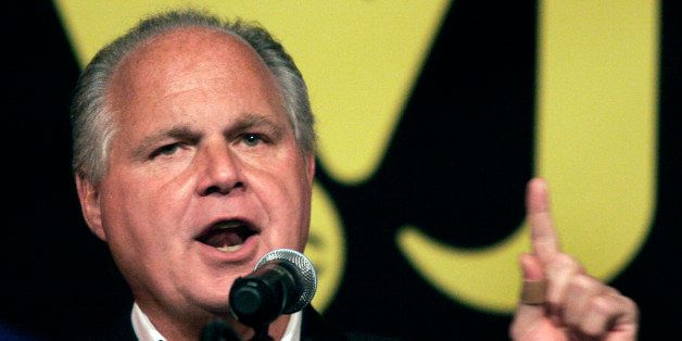 NOVI, MI - MAY 3: Radio talk show host and conservative commentator Rush Limbaugh speaks at 'An Evenining With Rush Limbaugh' event May 3, 2007 in Novi, Michigan. The event was sponsored by WJR radio station as part of their 85th birthday celebration festivities. (Photo by Bill Pugliano/Getty Images)