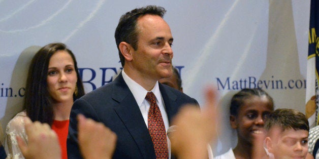 Kentucky Republican gubernatorial candidate Matt Bevin addresses supporters at the Galt House Hotel in Louisville, Ky., Tuesd