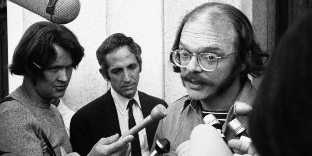 Anthony J. Russo Jr., as associate of Daniel Ellsberg, leaves a Los Angeles federal courthouse on Oct. 1, 1971 after the court released him from jail on his promise to appear later before a federal Grand Jury investigating the leak of the so-called Pentagon Papers. Russo has been jailed since August 16. Ellsberg is in left background. (AP Photo/GB)