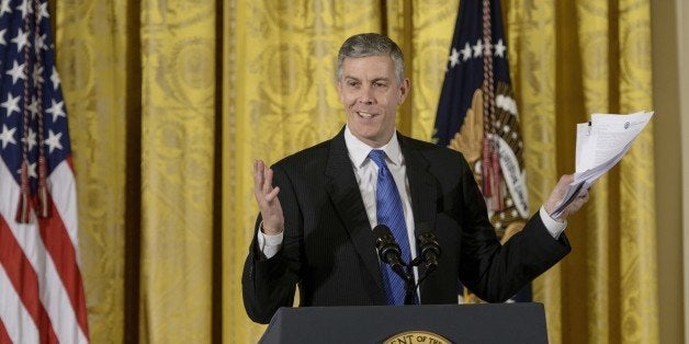 US Secretary of Education Arne Duncan speaks at the ConnectED conference in the East Room of the White House November 19, 2014 in Washington, DC. US President Barack Obama hosted school leaders and educators from across the country at the White House for ConnectED to the Future, a day-long convening to explore the potential of education technology and the innovations needed to bring Americas schools into the digital age. At the event, the President will launch his Administrations effort to assist school leaders in their transition to digital learning, following his plan to connect 99 percent of Americas students high-speed broadband internet in their schools and librariesAFP PHOTO/Brendan SMIALOWSKI (Photo credit should read BRENDAN SMIALOWSKI/AFP/Getty Images)