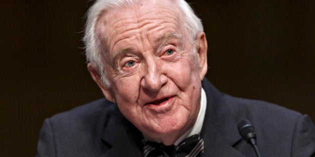 Retired Supreme Court Justice John Paul Stevens testifies on the ever-increasing amount of money spent on elections as he appears before the Senate Rules Committee on Capitol Hill in Washington, Wednesday, April 30, 2014. The panel is examining campaign finance rules which have been eased since 2010 court decisions opened the door for wealthy political action committees that can accept unlimited donations as expressions of political speech. (AP Photo)