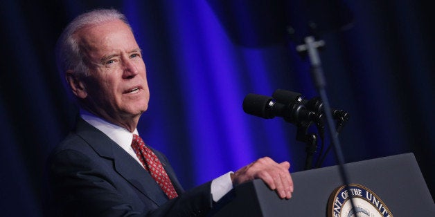 WASHINGTON, DC - APRIL 13: U.S. Vice President Joe Biden delivers remarks after receiving the Green Jobs Champion Award during the Good Jobs Green Jobs National Conference at the Washington Hilton April 13, 2015 in Washington, DC. Sponsored by a varied coalition including lightweight metals producer Alcoa, the United Steelworks union, the Sierra Club and various other labor, industry and telecommunications leaders, the conference promotes the use of efficient and renewable energy and cooperation in updating the country's energy infrastructure. (Photo by Chip Somodevilla/Getty Images)