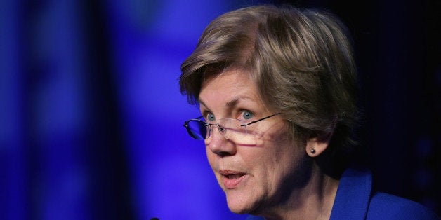 WASHINGTON, DC - APRIL 13: Sen. Elizabeth Warren (D-MA) delivers remarks during the Good Jobs Green Jobs National Conference at the Washington Hilton April 13, 2015 in Washington, DC. Sponsored by a varied coalition including lightweight metals producer Alcoa, the United Steelworks union, the Sierra Club and various other labor, industry and telecommunications leaders, the conference promotes the use of efficient and renewable energy and cooperation in updating the country's energy infrastructure. (Photo by Chip Somodevilla/Getty Images)