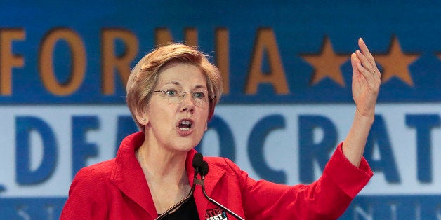 U.S. Sen. Elizabeth Warren, D-Mass., speaks at the California Democrats State Convention in Anaheim, Calif., on Saturday, May 16, 2015. (AP Photo/Damian Dovarganes)