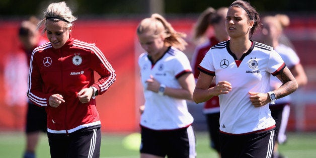 OTTAWA, ON - JUNE 03: Germany players practice during a morning training session at Algonquin College Soccer Complex on June 3, 2015 in Ottawa, Canada. (Photo by Dennis Grombkowski/Bongarts/Getty Images)