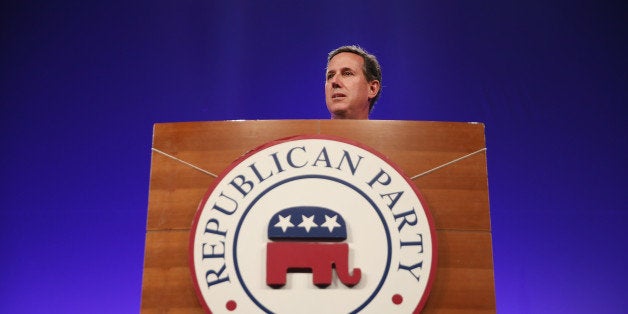 DES MOINES, IA - MAY 16: Former Pennsylvania Senator Rick Santorum speaks to guests gathered for the Republican Party of Iowa's Lincoln Dinner at the Iowa Events Center on May 16, 2015 in Des Moines, Iowa. The event sponsored by the Republican Party of Iowa gave several Republican presidential hopefuls an opportunity to strengthen their support among Iowa Republicans ahead of the 2016 Iowa caucus. (Photo by Scott Olson/Getty Images)