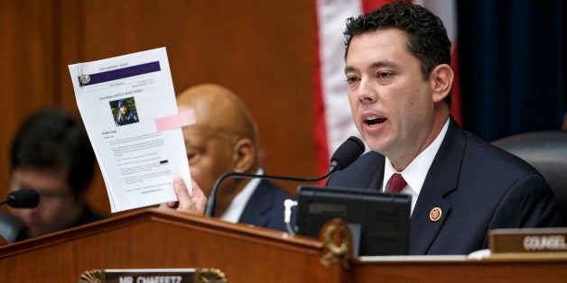 House Oversight Committee member Rep. Jason Chaffetz, R-Utah leads the questioning of Secret Service Director Julia Pierson as the committee examines details surrounding a security breach at the White House when a man climbed over a fence, sprinted across the north lawn and dash deep into the executive mansion before finally being subdued, Tuesday, Sept. 30, 2014, on Capitol Hill in Washington. (AP Photo/J. Scott Applewhite)