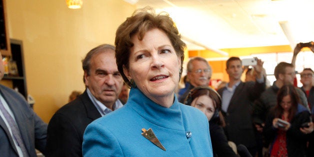 Sen. Jeanne Shaheen, D-N.H. talks to supporters during a campaign stop, at the cafe inside Gibson's Bookstore, Monday, Nov. 3, 2014 in Concord, N.H. The incumbent U.S. Senator is seeking re-election against former Massachusetts Sen. Republican Scott Brown in Tuesday's election. (AP Photo/Jim Cole)