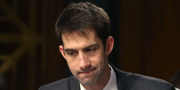 WASHINGTON, DC - MARCH 18: Sen. Tom Cotton (R-AK) looks at his papers during a Senate Armed Services Committee hearing on Capitol Hill March 18, 2015 in Washington, DC. The committee was hearing testimony on President Obamas Defense Authorization Request for FY2016 for the Department of the Army and the Department of the Air Force. (Photo by Mark Wilson/Getty Images)