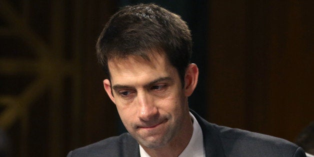 WASHINGTON, DC - MARCH 18: Sen. Tom Cotton (R-AK) looks at his papers during a Senate Armed Services Committee hearing on Ca