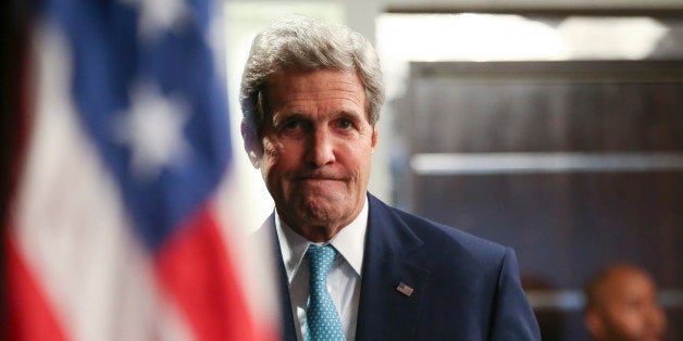 FILE - In this Monday, May 4, 2015 file photo, U.S. Secretary of State John Kerry arrives to speak at a news conference at the Nairobi Sankara Hotel in Nairobi, Kenya. Kerry is in Somalia on an unannounced visit, a show of solidarity with a government trying to defeat al-Qaida-allied militants and end decades of war in the African country. Kerry, the first top U.S. diplomat ever to visit the country, arrived at Mogadishu's airport around noon local time Tuesday, May 5. (AP Photo/Andrew Harnik, Pool, File)