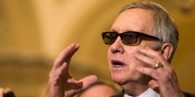 Senate Minority Leader Harry Reid of Nev. speaks to reporters on Capitol Hill in Washington, Tuesday, May 5, 2015, following a policy luncheon. (AP Photo/Brett Carlsen)