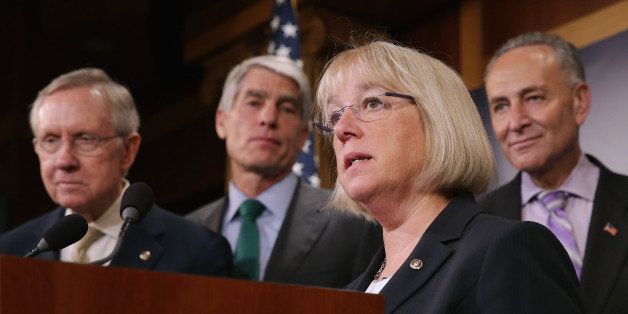 WASHINGTON, DC - JULY 10: Sen. Patty Murray (D-WA) (2nd R) speaks during a news conference to announce they will fast-track new legislation to prevent for-profit employers from refusing to cover health benefits for religious reasons with (L-R) Senate Majority Leader Harry Reid (D-NV), Sen. Mark Udall (D-CO) and Sen. Charles Schumer (D-NY) at the U.S. Capitol July 10, 2014 in Washington, DC. Co-authored by Udall and Murray, the legislation would override the Supreme Court's recent decision in the Hobby Lobby case and compel for-profit business to cover contraception for their employees, as required by the Affordable Care Act. (Photo by Chip Somodevilla/Getty Images)