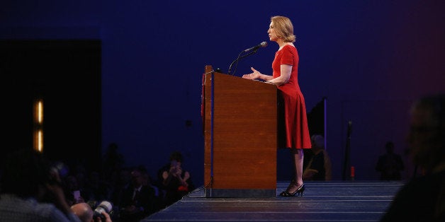 DES MOINES, IA - MAY 16: Former business executive Carly Fiorina speaks to guests gathered for the Republican Party of Iowa's Lincoln Dinner at the Iowa Events Center on May 16, 2015 in Des Moines, Iowa. The event sponsored by the Republican Party of Iowa gave several Republican presidential hopefuls an opportunity to strengthen their support among Iowa Republicans ahead of the 2016 Iowa caucus. (Photo by Scott Olson/Getty Images)