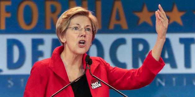 U.S. Sen. Elizabeth Warren, D-Mass., speaks at the California Democrats State Convention in Anaheim, Calif., on Saturday, May 16, 2015. (AP Photo/Damian Dovarganes)