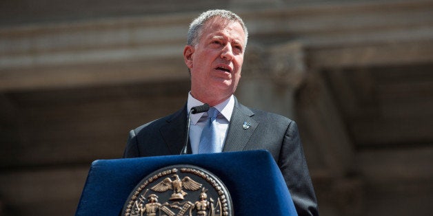 NEW YORK, NY - JUNE 03: New York City Mayor Bill de Blasio speaks at the Fire Department of New York's (FDNY) annual Medal Day, where firefighters receive awards for acts of courage, at City Hall on June 3, 2015 in New York City. 2015 marks the 150th anniversary of the FDNY, which was founded in 1865. (Photo by Andrew Burton/Getty Images)