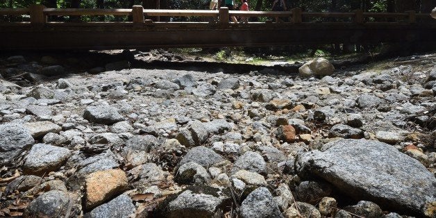 Visitors walk on a bridge over a dry riverbed at the Yosemite National Park in California on June 3, 2015. It is one of America's most popular natural wonders. But even Yosemite National Park cannot escape the drought ravaging California, now in its fourth year and fueling growing concern. At first glance the spectacular beauty of the park with its soaring cliffs and picture-postcard valley floor remains unblemished, still enchanting the millions of tourists who flock the landmark every year. But on closer inspection, the drought's effects are clearly visible. AFP PHOTO/MARK RALSTON (Photo credit should read MARK RALSTON/AFP/Getty Images)