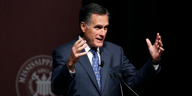 Former GOP presidential candidate Mitt Romney addresses the student body and guests at Mississippi State University in Starkv