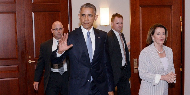 WASHINGTON, DC - JUNE 12: U.S. President Barack Obama and House Minority Leader Nancy Pelosi leave the Gabriel Zimmerman roo