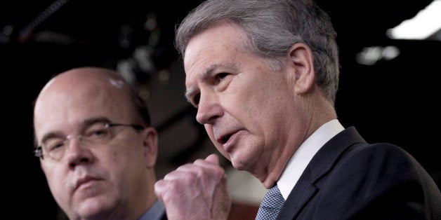 Rep. Jim McGovern, D-Mass., left, accompanied by Rep. Walter Jones, R-N.C., take part a news conference on Capitol Hill in Washington, Thursday, May 5, 2011, announcing their bipartisan bill calling for an exit strategy for U.S. forces from Afghanistan. (AP Photo/Harry Hamburg)