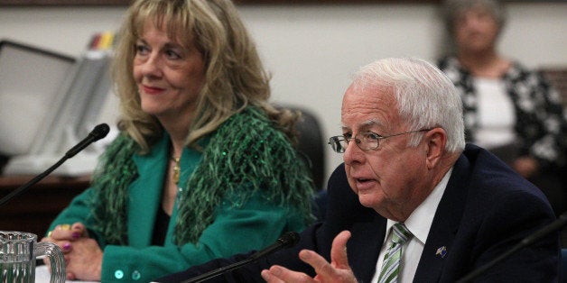 Nevada Assembly Republicans Jill Dickman and Lynn Stewart present two bills in committee that would require voters to show photo identification in order to vote, during a hearing at the Legislative Building in Carson City, Nev., Tuesday, March 17, 2015. (AP Photo/Cathleen Allison)