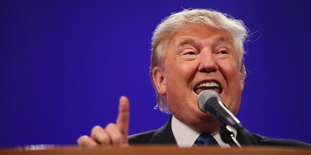 DES MOINES, IA - MAY 16: Businessman Donald Trump speaks to guests gathered for the Republican Party of Iowa's Lincoln Dinner at the Iowa Events Center on May 16, 2015 in Des Moines, Iowa. The event sponsored by the Republican Party of Iowa gave several Republican presidential hopefuls an opportunity to strengthen their support among Iowa Republicans ahead of the 2016 Iowa caucus. (Photo by Scott Olson/Getty Images)