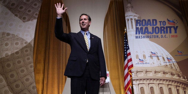 WASHINGTON, DC - JUNE 19: Republican U.S. presidential hopeful and former U.S. Sen. Rick Santorum (R-PA) waves after speakin