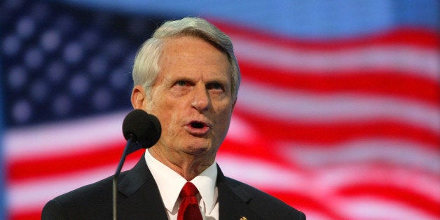 NEW YORK - SEPTEMBER 01: Sen. Zell Miller (D-GA) speaks on night three of the Republican National Convention September 1, 2004 at Madison Square Garden in New York City. (Photo by Spencer Platt/Getty Images)