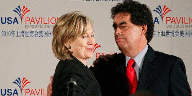 Secretary of State Hillary Rodham Clinton and USA Pavilion Commissioner General Jose Villarreal, right, greet each other before a dinner at USA Pavilion at the World Expo site Saturday, May 22, 2010 in Shanghai, China. Facing an uphill diplomatic struggle to win China's support for penalizing its ally North Korea over the sinking of a South Korean warship, Clinton visited the Expo to highlight U.S.-Chinese ties. (AP Photo/Eugene Hoshiko, Pool)