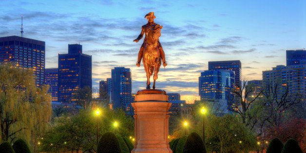 Public Garden in Boston, Massachusetts. The equestrian George Washington statue was created by the monumental American sculptor Thomas Ball in 1867.