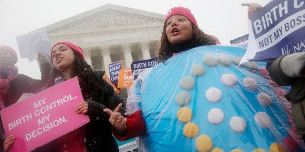 FILE - In this March 25, 2015, file photo, Margot Riphagen, of New Orleans, wears a birth control pills costume as she protests in front of the Supreme Court in Washington, as the court heard oral arguments in the challenges of President Barack Obama's health care law requirement that businesses provide their female employees with health insurance that includes access to contraceptives. Some insurance plans offered on the health marketplaces violate the lawâs requirements for womenâs health, according to a new report from a womenâs legal advocacy group. The National Womenâs Law Center analyzed plans in 15 states over two years and found some excluded dependents from maternity coverage, prohibited coverage of breast pumps or failed to cover all federally approved birth control methods. (AP Photo/Charles Dharapak, File)