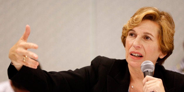 File-This July 11, 2014, file photo shows American Federation of Teachers President Randi Weingarten taking questions about U.S. Secretary of Education Arnie Duncan at an ATF convention in Los Angeles. Teachers and other school employees in Newtown are meeting with local and national union leaders to discuss issues stemming from the 2012 shooting massacre at Sandy Hook Elementary School. Weingarten is expected to meet privately with educators Tuesday in Newtown. (AP Photo/Damian Dovarganes, File)