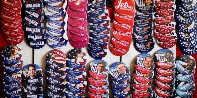 Campaign buttons are displayed for sale outside the Georgia Republican Convention floor Friday, May 15, 2015, in Athens, Ga.