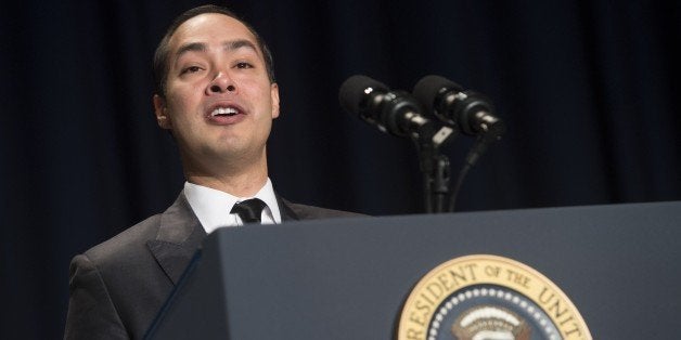 US Secretary of Housing and Urban Development (HUD) Julian Castro speaks from the presidential podium during the National Prayer Breakfast in Washington, DC, February 5, 2015. AFP PHOTO / SAUL LOEB (Photo credit should read SAUL LOEB/AFP/Getty Images)