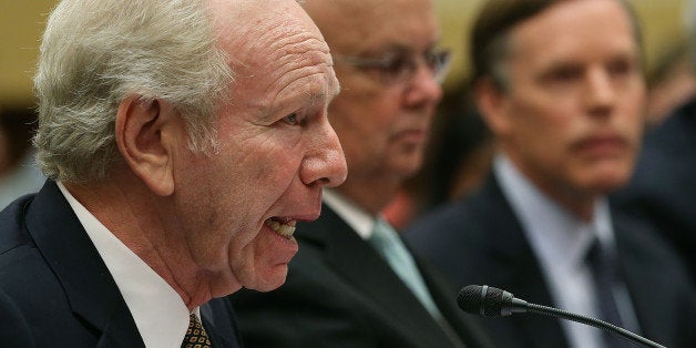 WASHINGTON, DC - JULY 14: Former Sen. Joseph Lieberman (I-CT) (L) co-chair of the Foundation for the Defense of Democracies, speaks about Iran while flanked by former CIA Director, retired Air Force Gen. Michael Hayden (C), and former Undersecretary of State for Political Affairs Nicholas Burns (R) during a Foreign Affairs Committee hearing on Capitol Hill July 14, 2015 in Washington, DC. The committee is hearing testimony on the implications of a nuclear agreement with Iran. (Photo by Mark Wilson/Getty Images)