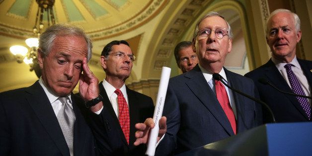 WASHINGTON, DC - JULY 14: (L-R) U.S. Sen. Bob Corker (R-TN), Sen. John Barrasso (R-WY), Sen. John Thune (R-SD), Senate Majority Leader Sen. Mitch McConnell (R-KY) and Senate Majority Whip Sen. John Cornyn (R-TX) speak to members of the media after the weekly Republican Policy Luncheon July 14, 2015 on Capitol Hill in Washington, DC. Senate Republicans spoke on various topics including the Iran talks deal. (Photo by Alex Wong/Getty Images)
