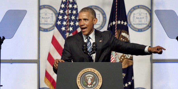 PHILADELPHIA, PA - JULY 14: U.S. President Barack Obama addresses attendees at the 106th NAACP national convention on July 14, 2015 in Philadephia, Pennsylvania. Obama's speech addressed the unfairness in our criminal justice system and offered ideas for reform. (Photo by Mark Makela/Getty Images)