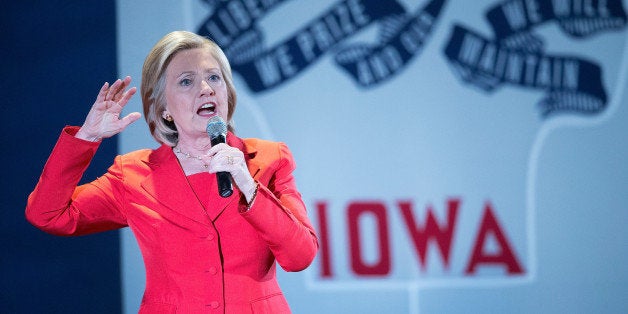 CEDAR RAPIDS, IA - JULY 17: Democratic presidential candidate Hillary Clinton speaks to guests gathered at the Veterans Memorial Building for a kickoff party before the Iowa Democratic Party's Hall of Fame Dinner on July 17, 2015 in Cedar Rapids, Iowa. All five candidates who are seeking the Democratic Party's nomination for president are expected to attend the Hall of Fame dinner scheduled for later in the evening. (Photo by Scott Olson/Getty Images)