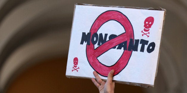 A demonstrator holds a poster during a World March Against Monsanto event in Lisbon Saturday, May 23, 2015. Marches and rallies against Monsanto, a sustainable agriculture company and genetically modified organisms (GMO) food and seeds were held in dozens of countries in a global campaign highlighting the dangers of GMO Food. (AP Photo/Armando Franca)